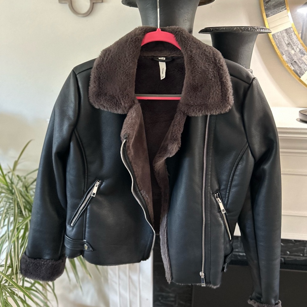 Mango leather moto jacket with fur details